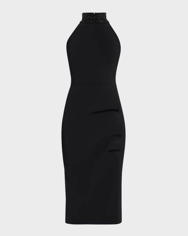 Rhinestone-Embellished Halter Midi Sheath Dress